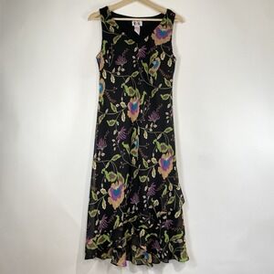 R&K Womens Floral Ruffle Midi Dress Size 10 Black Retro Fairy Romantic V Neck
